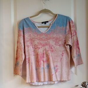 French Design Lettuce Trimmed Hem Women's Top with Pink and Blue 3/4 Sleeves